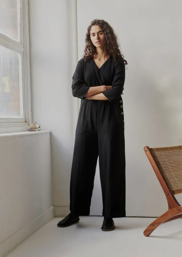 Linen | Loungewear-TOAST Brushed Cotton Linen Herringbone Jumpsuit Slate