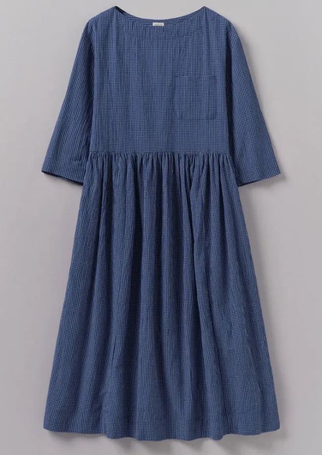 Loungewear | Dresses-TOAST Check Crinkle Cotton Boat Neck Dress Cobalt