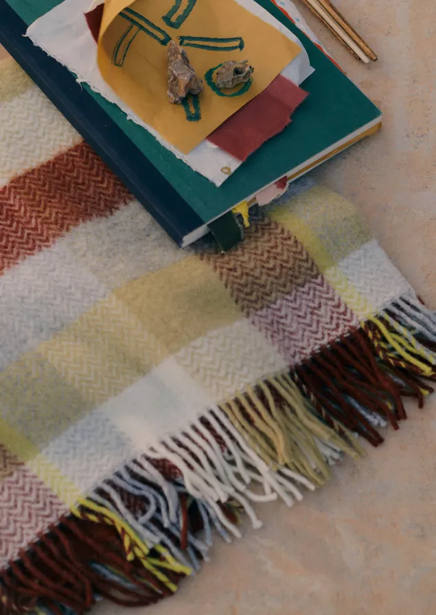 chevron_check_wool_blanket_6.webp Textiles | Blankets & Throws-TOAST Chevron Check Wool Blanket Celery/Rust
