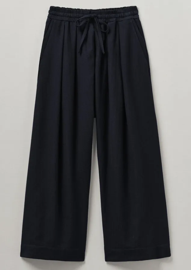 Trousers-TOAST Cotton Wool Herringbone Pull On Trousers DarkNavy