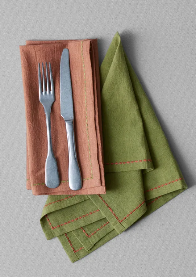 Textiles | Tableware-TOAST Embroidered Cotton Linen Napkin Set Moss/Clay