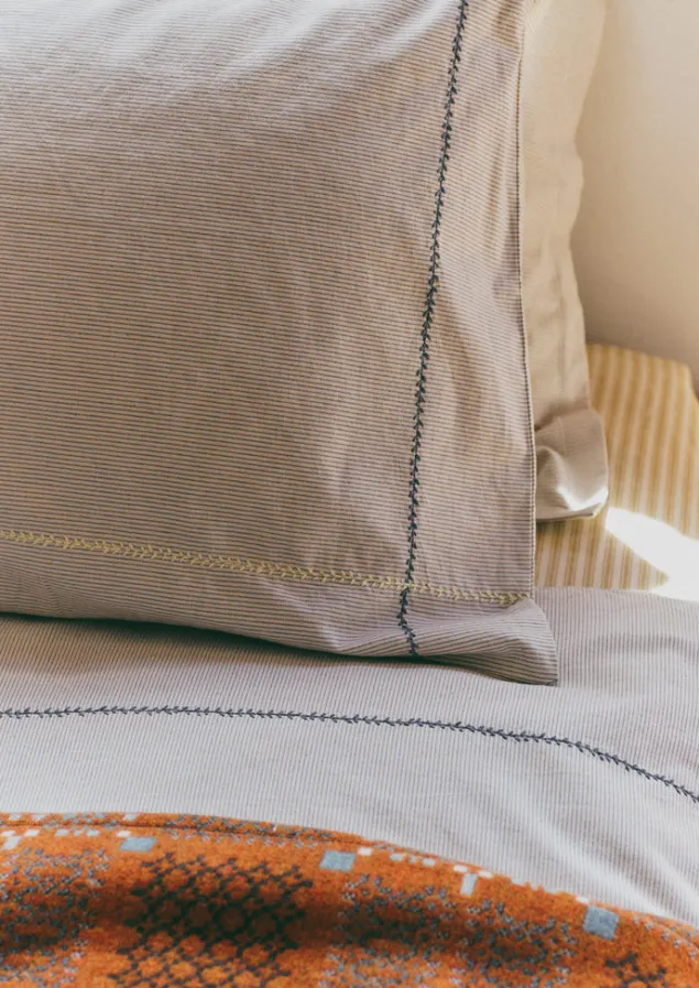 Textiles | Bed Linen-TOAST Fine Stripe Organic Cotton Embroidered Pillowcase Ecru/SmokeBlue