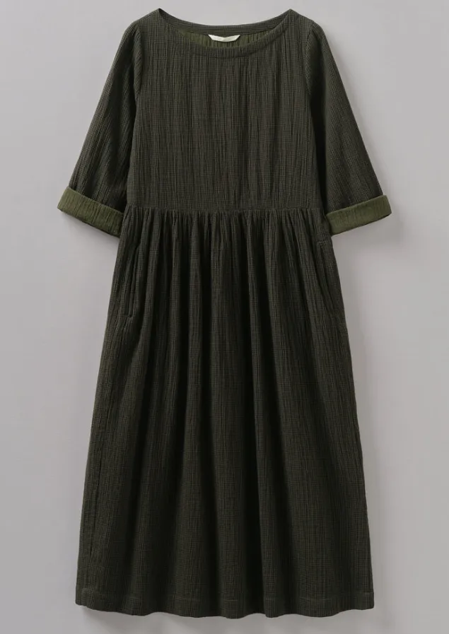 Loungewear | Dresses-TOAST Freya Crinkle Organic Cotton Dress DarkestOlive