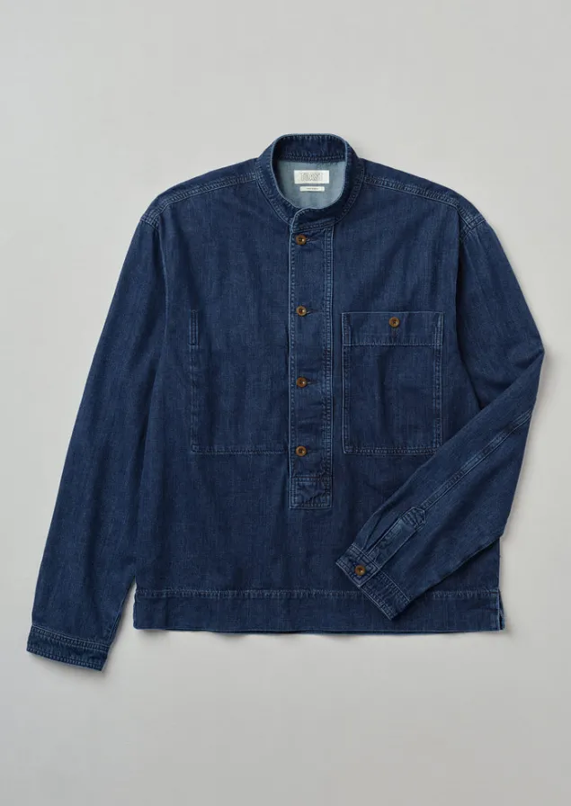Denim | Workwear-TOAST Grandad Collar Half Placket Denim Shirt Indigo