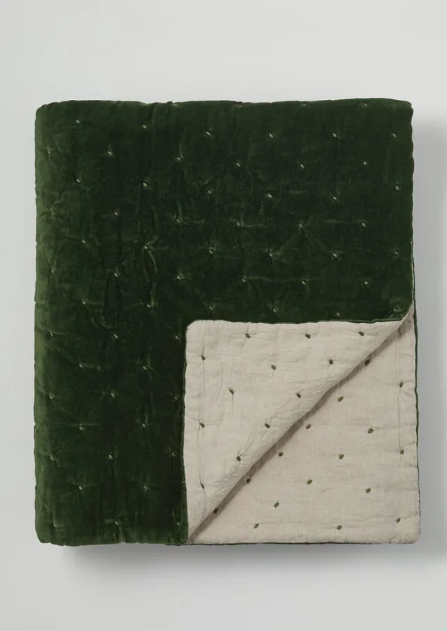 Textiles | Blankets & Throws-TOAST Hand Quilted Velvet Throw DarkOlive/Natural