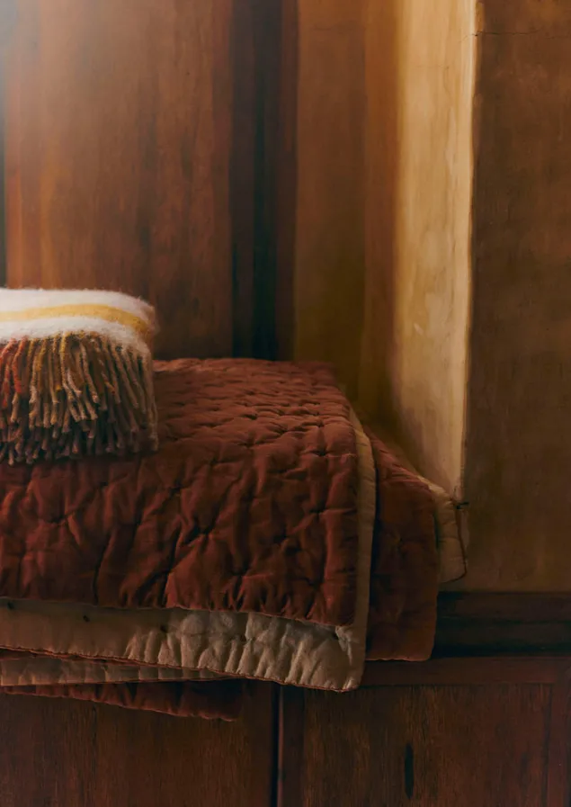 Textiles | Blankets & Throws-TOAST Hand Quilted Velvet Throw SoftGinger/Natural