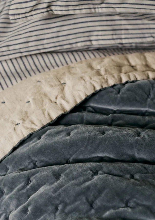 hand_quilted_velvet_throw_2-1.webp Textiles | Blankets & Throws-TOAST Hand Quilted Velvet Throw MineralBlue/Natural