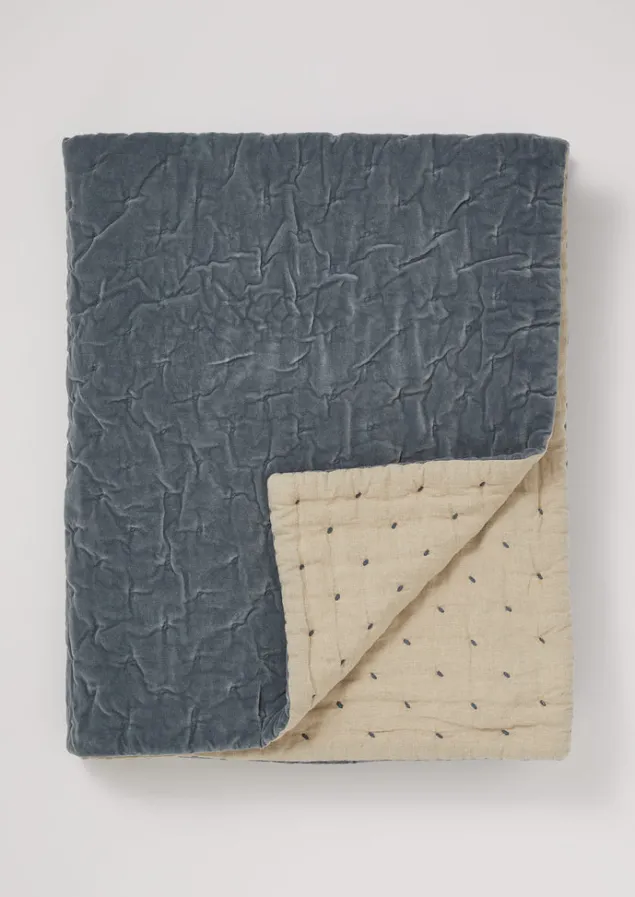 hand_quilted_velvet_throw_4.webp Textiles | Blankets & Throws-TOAST Hand Quilted Velvet Throw MineralBlue/Natural
