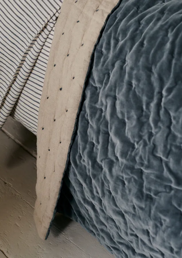 hand_quilted_velvet_throw_5.webp Textiles | Blankets & Throws-TOAST Hand Quilted Velvet Throw MineralBlue/Natural