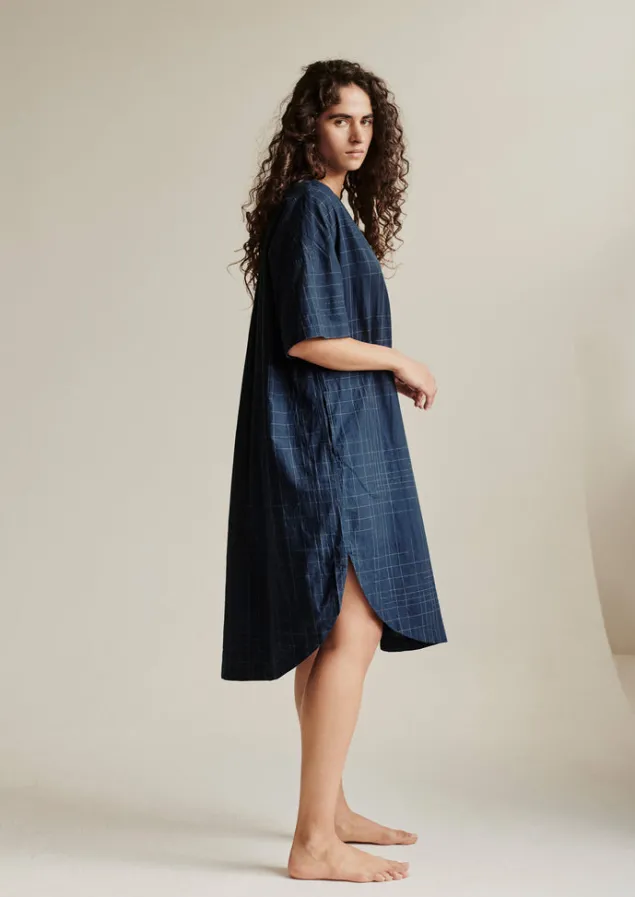 Nightwear | Loungewear-TOAST Hand Woven Sketched Check Nightdress Twilight/Ecru