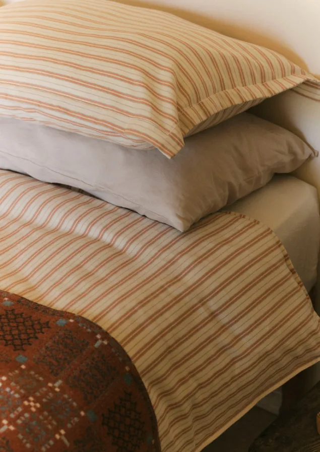 Textiles | Bed Linen-TOAST Ines Flannel Stripe Cotton Oxford Pillowcase Set Apricot/SoftBlue