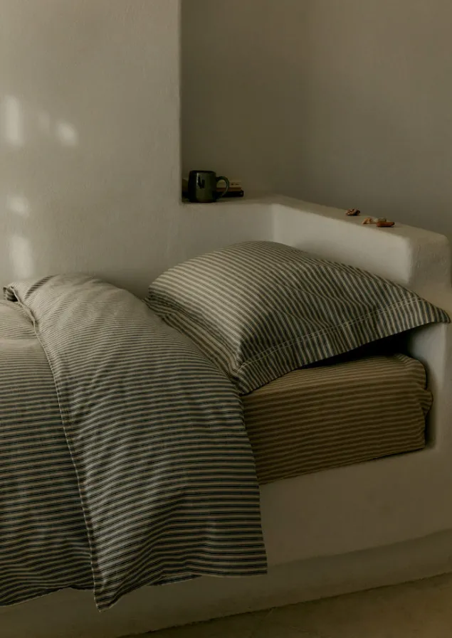 Textiles | Bed Linen-TOAST Organic Cotton Ticking Stripe Fitted Sheet Ecru/Straw