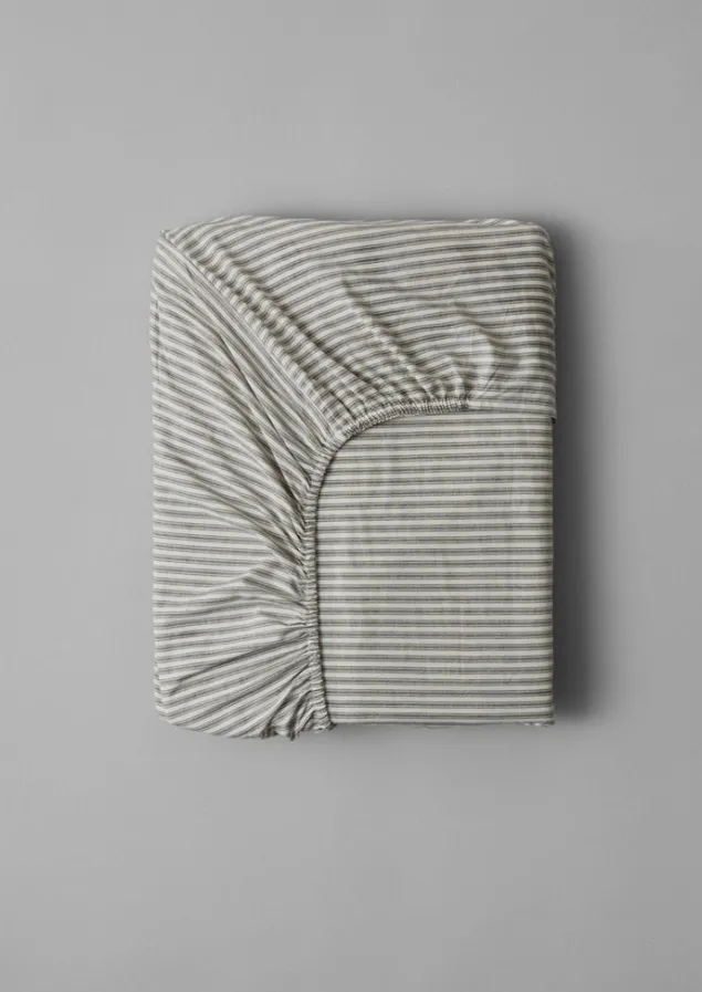 organic_cotton_ticking_stripe_fitted_sheet_3-2.webp Textiles | Bed Linen-TOAST Organic Cotton Ticking Stripe Fitted Sheet Ecru/Graphite