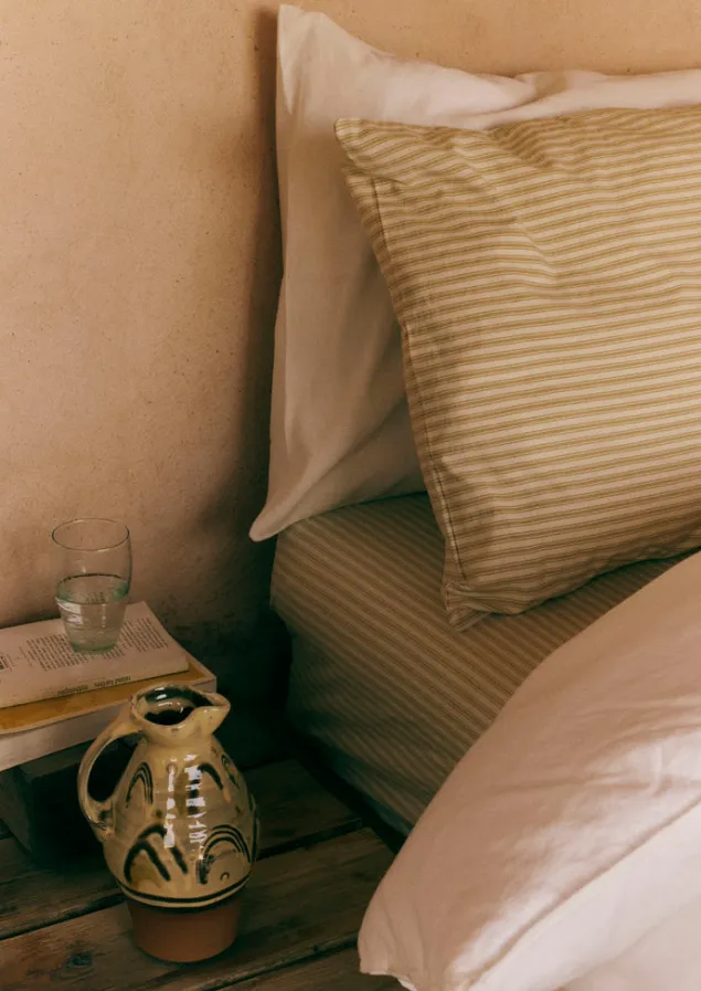 Textiles | Bed Linen-TOAST Organic Cotton Ticking Stripe Housewife Pillowcase Ecru/Straw