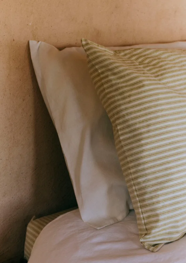 organic_cotton_ticking_stripe_housewife_pillowcase_5.webp Textiles | Bed Linen-TOAST Organic Cotton Ticking Stripe Housewife Pillowcase Ecru/Straw