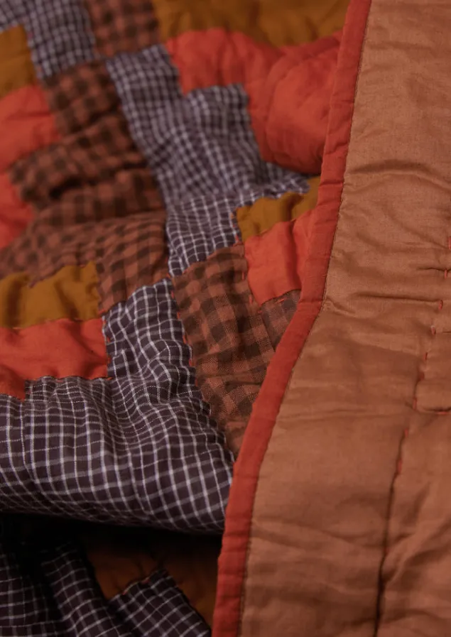 stacked_check_patchwork_quilt_12.webp Textiles | Blankets & Throws-TOAST Stacked Check Patchwork Quilt DeepAmber/RustedCoral