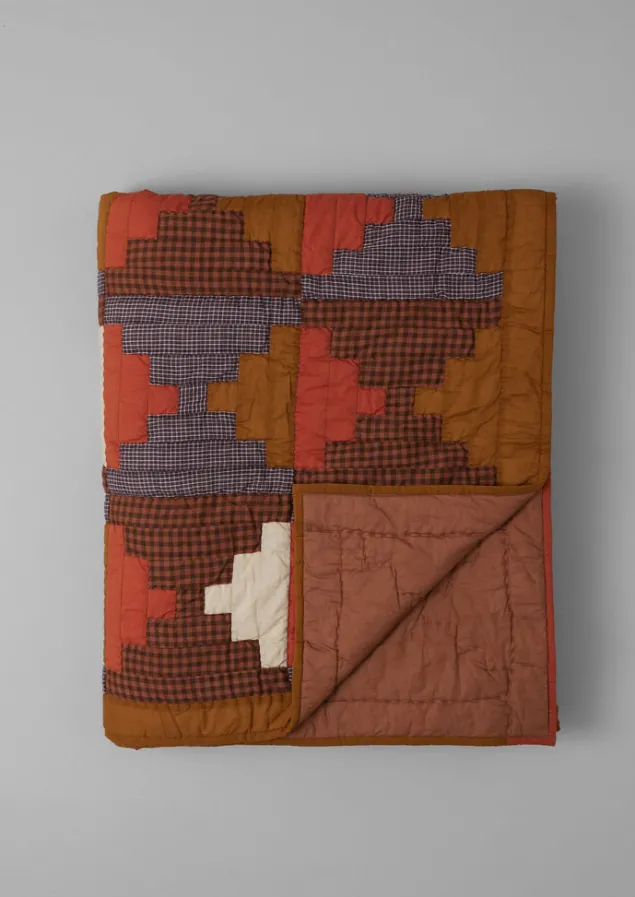 stacked_check_patchwork_quilt_7.webp Textiles | Blankets & Throws-TOAST Stacked Check Patchwork Quilt DeepAmber/RustedCoral