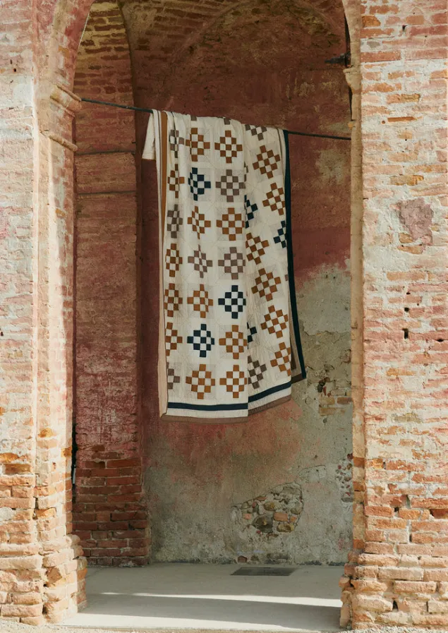 tile_cotton_patchwork_quilt_1-1.webp Textiles | Blankets & Throws-TOAST Tile Cotton Patchwork Quilt Ecru/GoldenHay/Prune