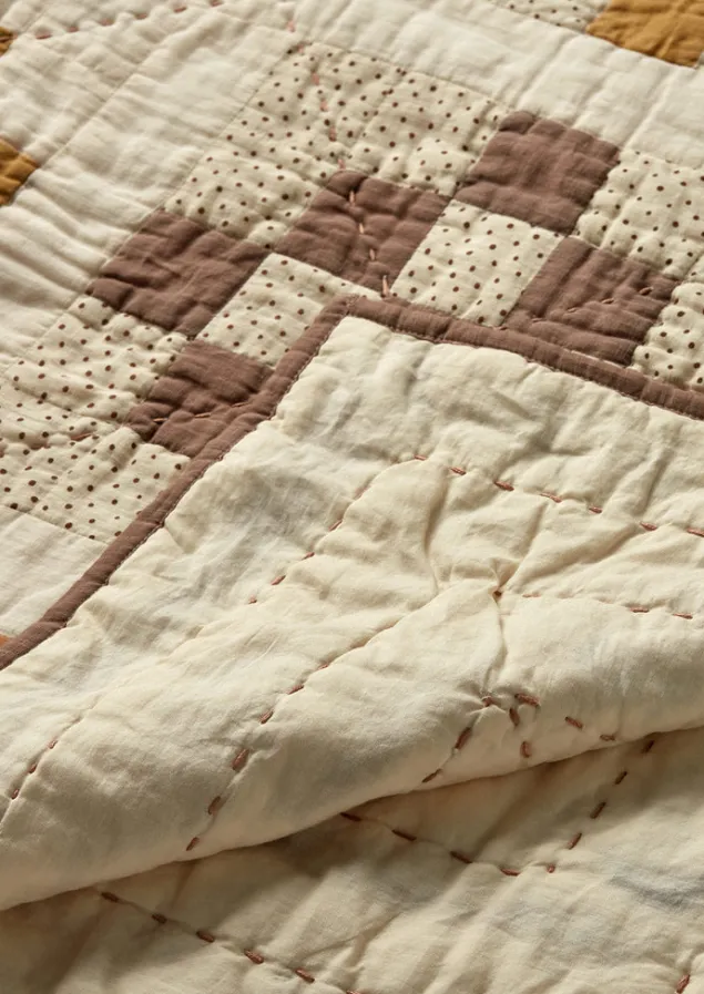 tile_cotton_patchwork_quilt_3-1.webp Textiles | Blankets & Throws-TOAST Tile Cotton Patchwork Quilt Ecru/GoldenHay/Prune