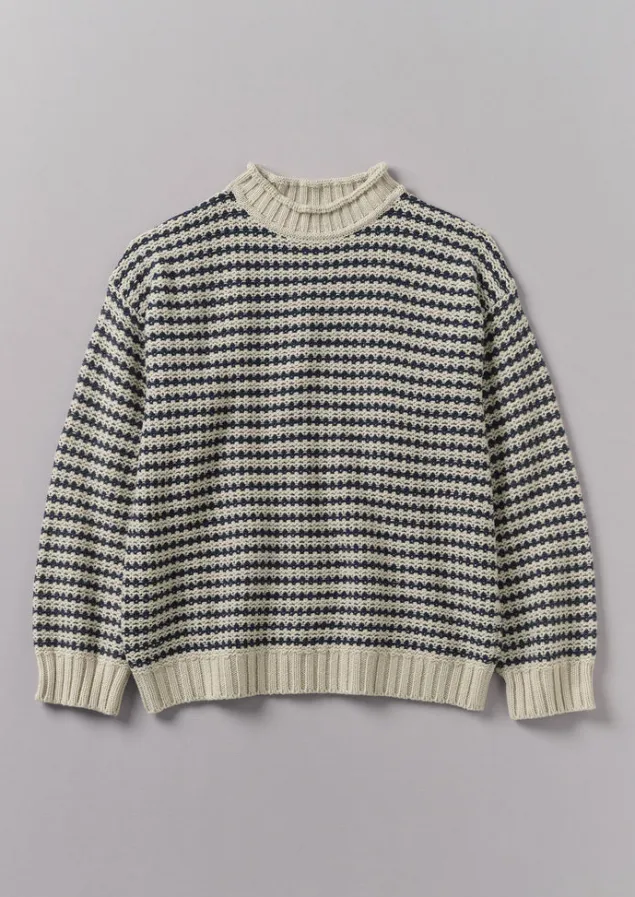Knitwear-TOAST Tucking Stripe Wool Cotton Sweater Ecru/Navy