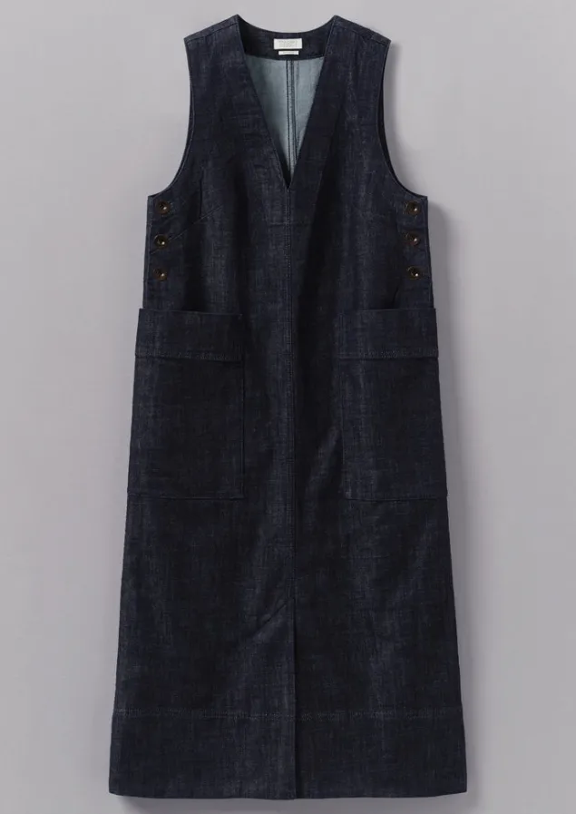 vneck_denim_pinafore_dress_10.webp Denim | Workwear-TOAST V-Neck Denim Pinafore Dress Indigo