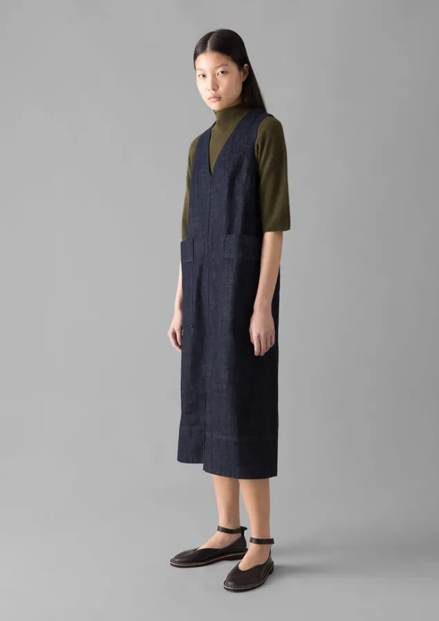 vneck_denim_pinafore_dress_7.webp Denim | Workwear-TOAST V-Neck Denim Pinafore Dress Indigo