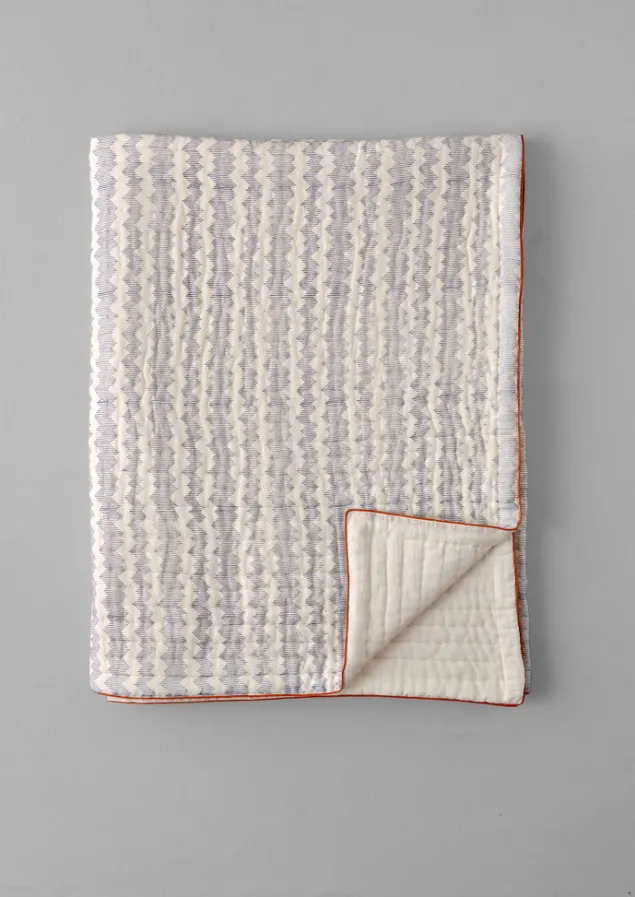 Textiles | Blankets & Throws-TOAST Zig Zag Block Print Cotton Quilt OffWhite/Midnight